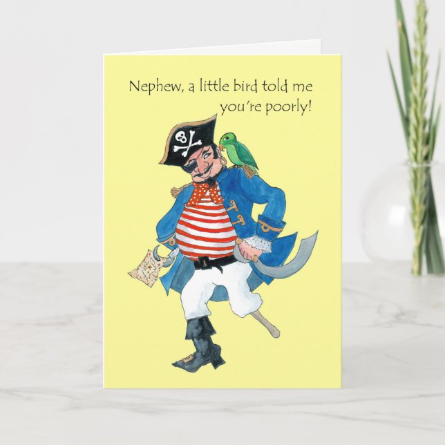 Fun Pirate and Parrot Get Well for Nephew Card (Front)