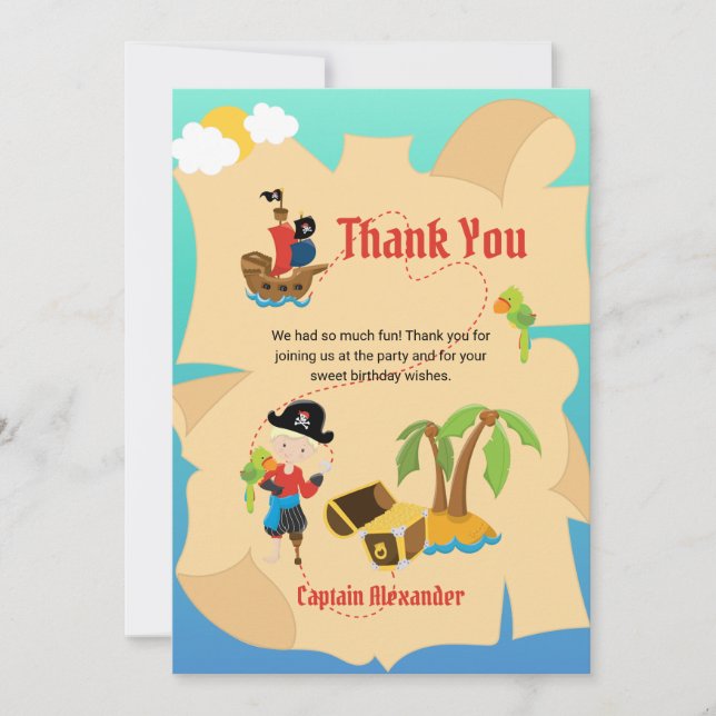 Fun Pirate Boy Treasure Map Custom Thank You Card (Front)