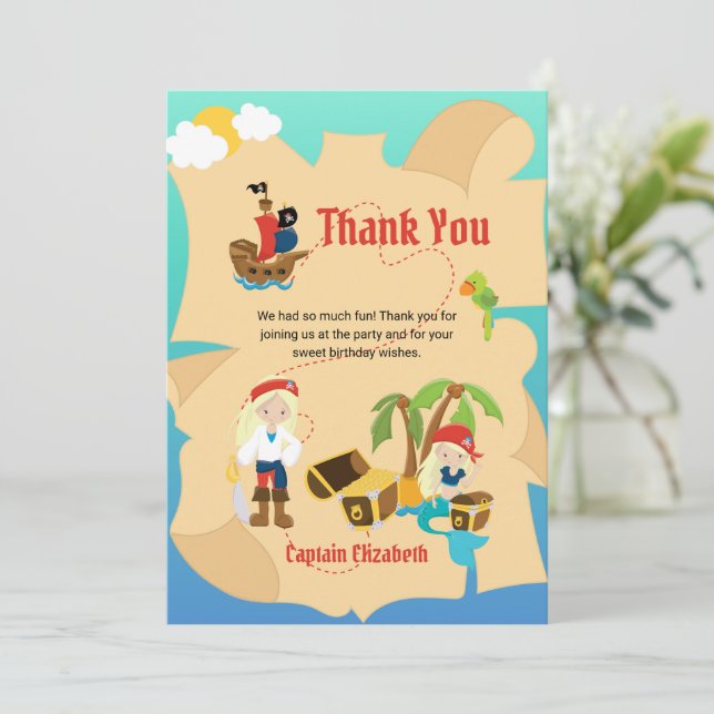 Fun Pirate Girl Mermaid Treasure Map Custom Thank You Card (Standing Front)