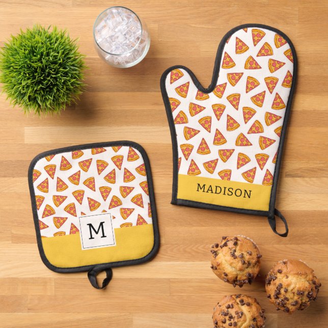 Fun Pizza Slice Pattern Oven Mitt & Pot Holder Set (Top Down)
