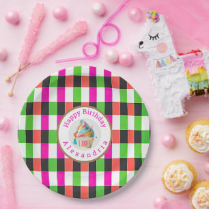 Fun Plaid Pink and Green Cupcake Paper Plate