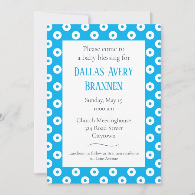 Fun & Playful Blue Polka-Dot Baby Blessing Invitation (Front)