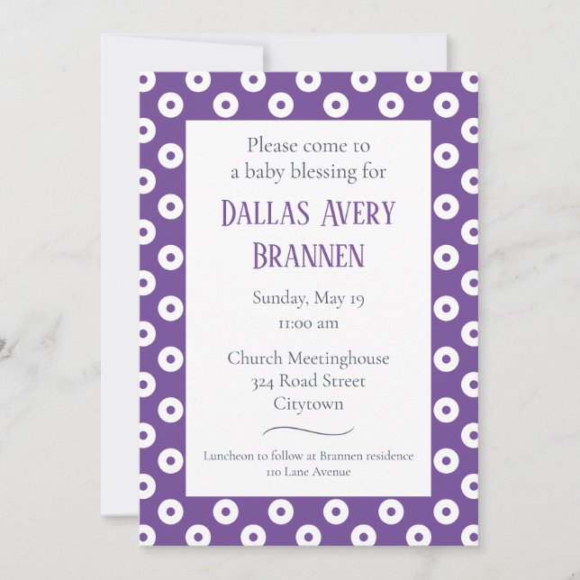 Fun & Playful Purple Polka-Dot Baby Blessing Invitation (Front)