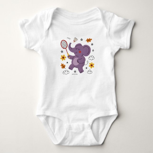 Fun playing baby elephant  bodysuit (Front)