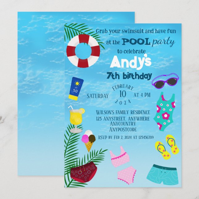Fun Pool Birthday Party  Invitation (Front/Back)