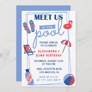 Fun Pool Party 82nd birthday invitations Summer