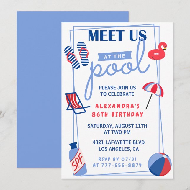 Fun Pool Party 86th birthday invitations  Summer (Front/Back)