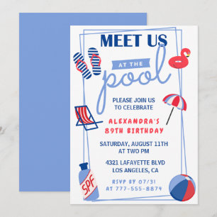 Fun Pool Party 89th birthday invitations  Summer