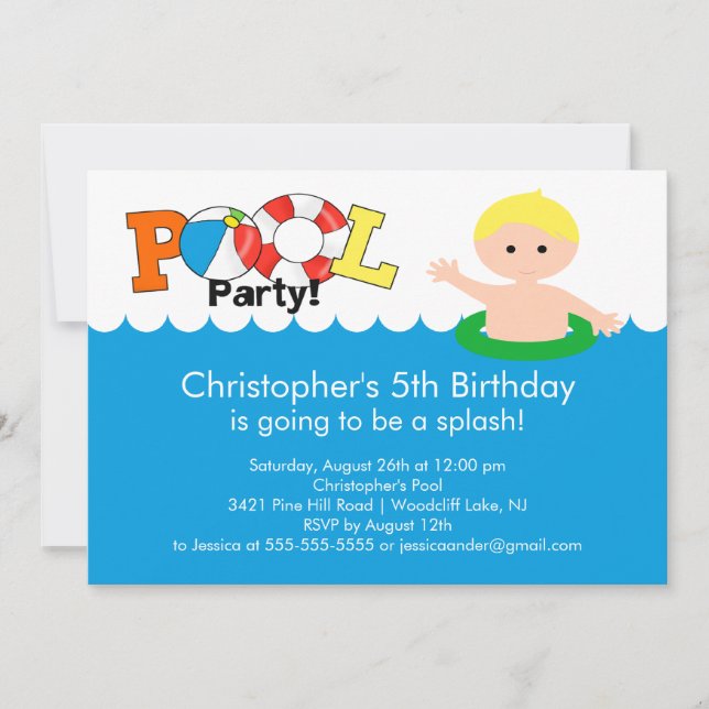 Fun Pool Party Anniversaire Invitation Blonde Boy (Devant)