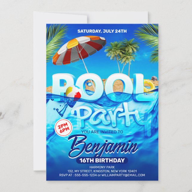 Fun Pool Party Bright Tropical Swimming Birthday Invitation (Front)