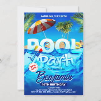 Fun Pool Party Bright Tropical Swimming Birthday Invitation