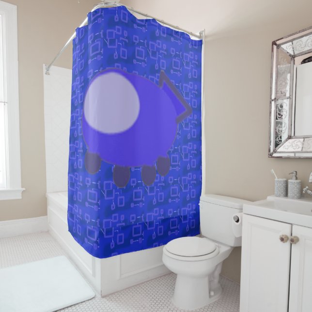 Fun Popcorn Anime Blue Spaceship Shower Curtain (In Situ)