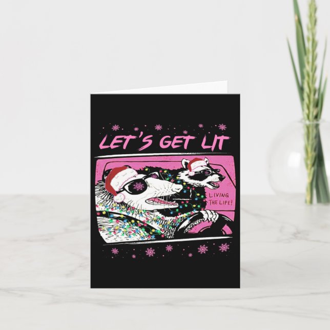 Fun Possum Raccoon Lets Get Trash Street Pink Chri Card (Front)