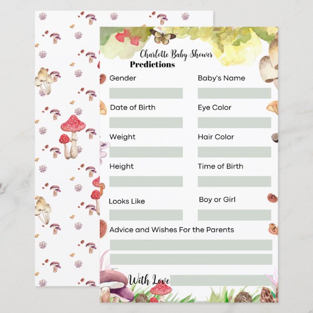fun Predictions Baby Shower Game mushroom (Front/Back)
