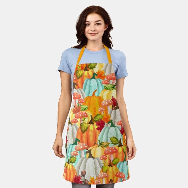 Fun Pumpkins Mushrooms And Fall Leaves Apron (Worn)