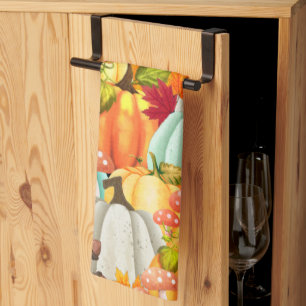 Fun Pumpkins Mushrooms And Fall Leaves Kitchen Towel