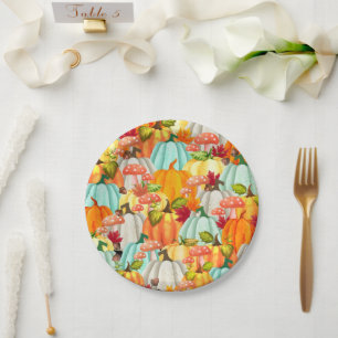Fun Pumpkins Mushrooms And Fall Leaves Paper Plate