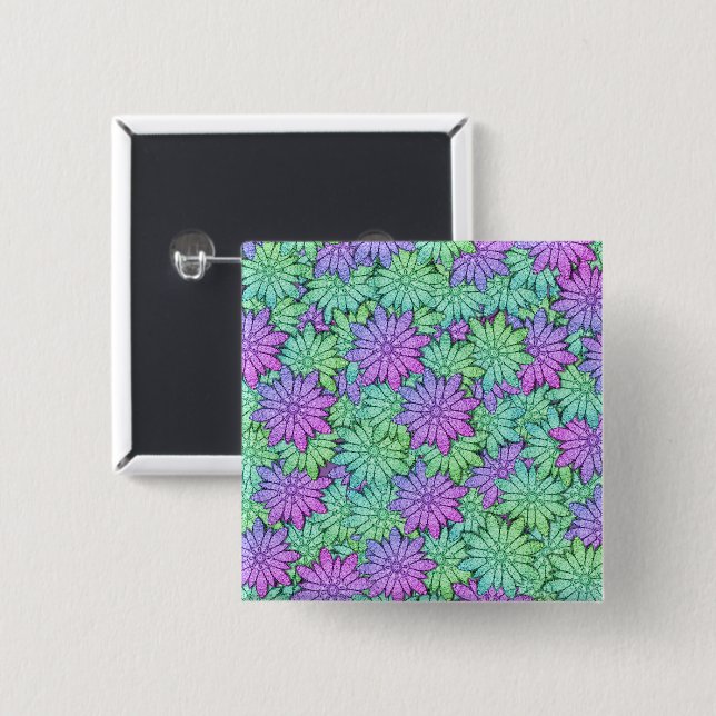 Fun Purple and Green Flowers 2 Inch Square Button (Front & Back)