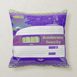Fun Purple and Green Vintage Camper Trailer Throw Pillow