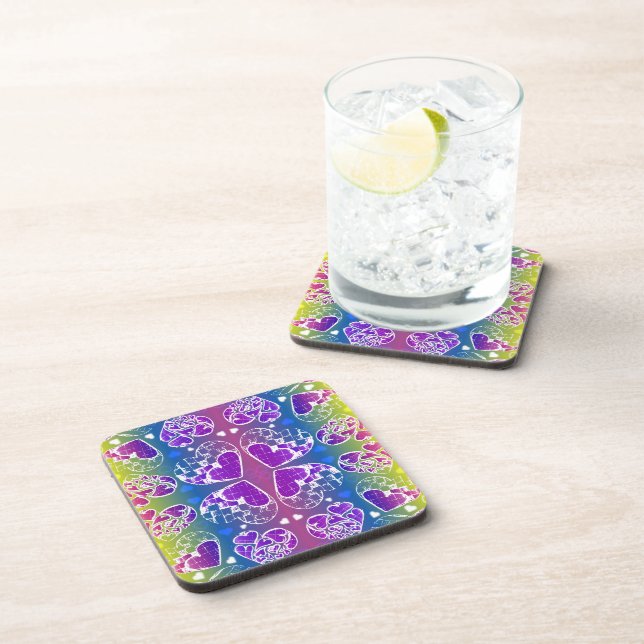 Fun Purple, blue, yellow Whimsical Hearts pattern Coaster (Right Side)