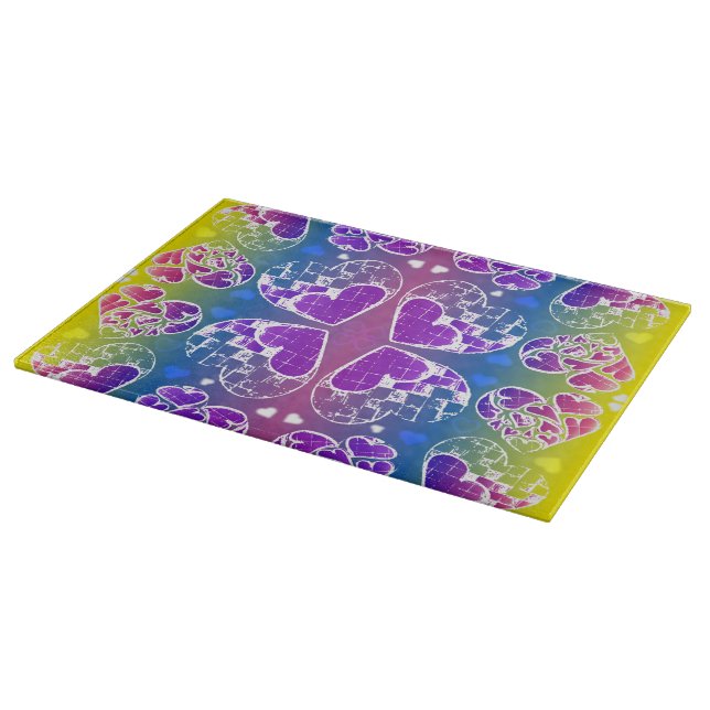 Fun Purple, blue, yellow Whimsical Hearts pattern Cutting Board (Corner)