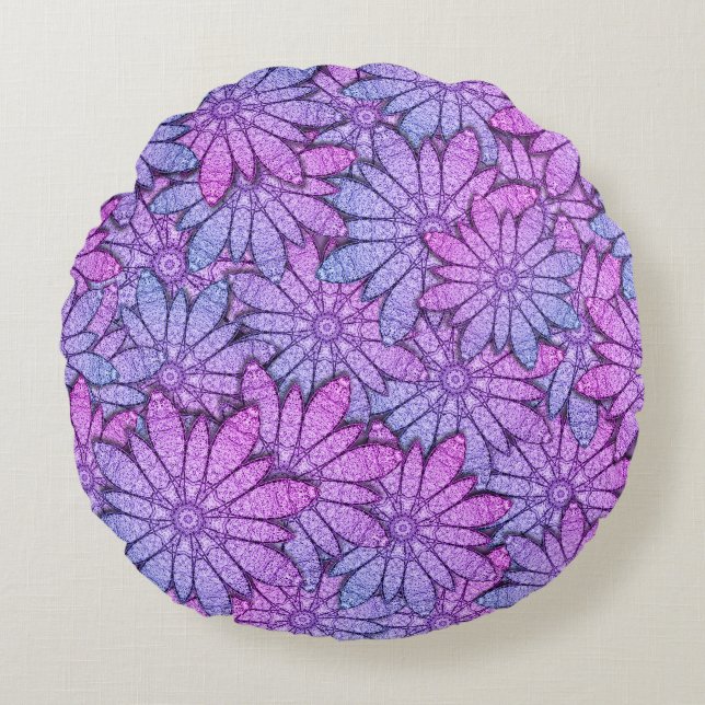 Fun Purple Flowers Round Pillow (Front)