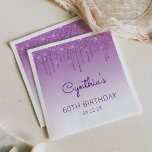 Fun Purple Glitter Drip 60th Birthday Party Napkin<br><div class="desc">These chic 60th birthday party paper napkins feature a sparkly purple faux glitter drip border and purple ombre background. Personalize them with the guest of honour's name in purple handwriting script,  with her birthday and date below in sans serif font.</div>