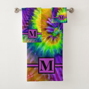 Fun Purple Green Orange Retro Tie Dye Monogrammed Bath Towel Set