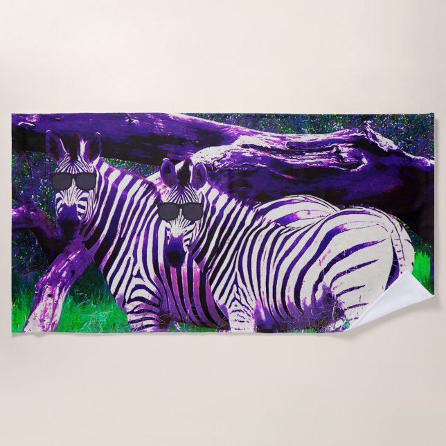 Fun Purple Green Zebras Wearing Sunglasses Animal Beach Towel (Front)