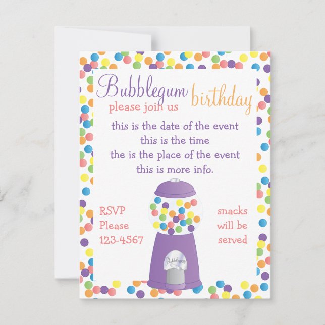 Fun Purple Gumball Machine Invitation (Front)