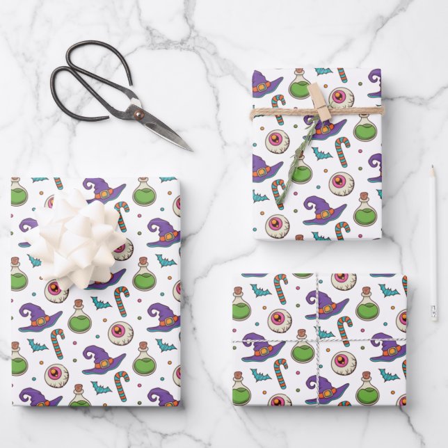 Fun Purple Halloween,Green Magic Witchy Bottle Wrapping Paper Sheet (Front)