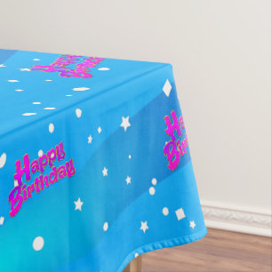 Fun Purple Happy Birthday Graphic on Blue Tablecloth