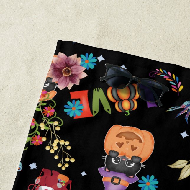 Fun Purple Hat Catoween, Cute Orange Pumpkin Beach Towel (In Situ)