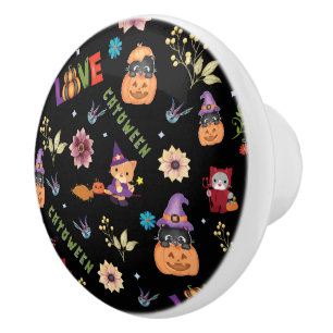 Fun Purple Hat Catoween, Cute Orange Pumpkin Ceramic Knob