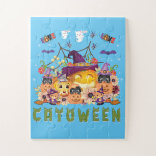 Fun Purple Hat Catoween, Cute Orange Pumpkin Jigsaw Puzzle