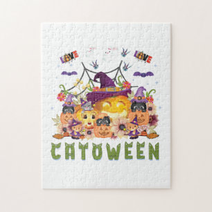 Fun Purple Hat Catoween, Cute Orange Pumpkin Jigsaw Puzzle
