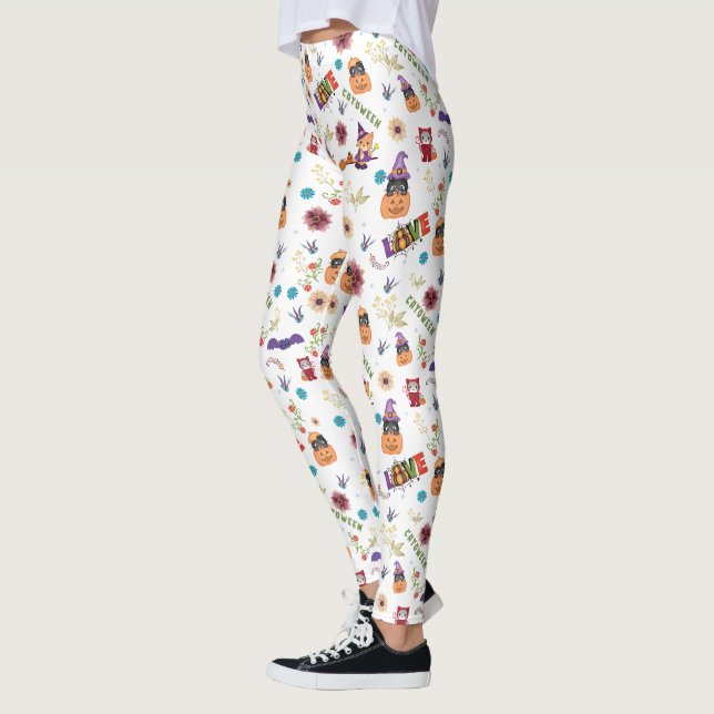 Fun Purple Hat Catoween, Cute Orange Pumpkin Leggings (Left)