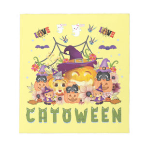 Fun Purple Hat Catoween, Cute Orange Pumpkin Notepad