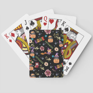 Fun Purple Hat Catoween, Cute Orange Pumpkin Playing Cards