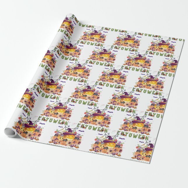 Fun Purple Hat Catoween, Cute Orange Pumpkin Wrapping Paper (Unrolled)