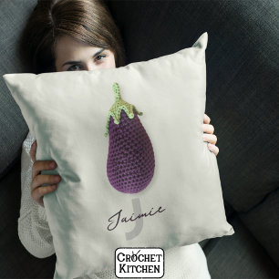 Fun Purple Modern Minimal Crochet Eggplant Name Throw Pillow