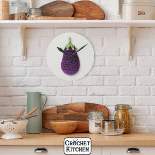 Fun Purple Modern Minimal Crochet Eggplant Round Clock