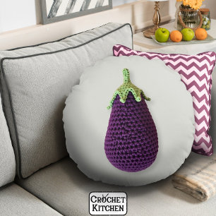 Fun Purple Modern Minimal Crochet Eggplant   Round Pillow