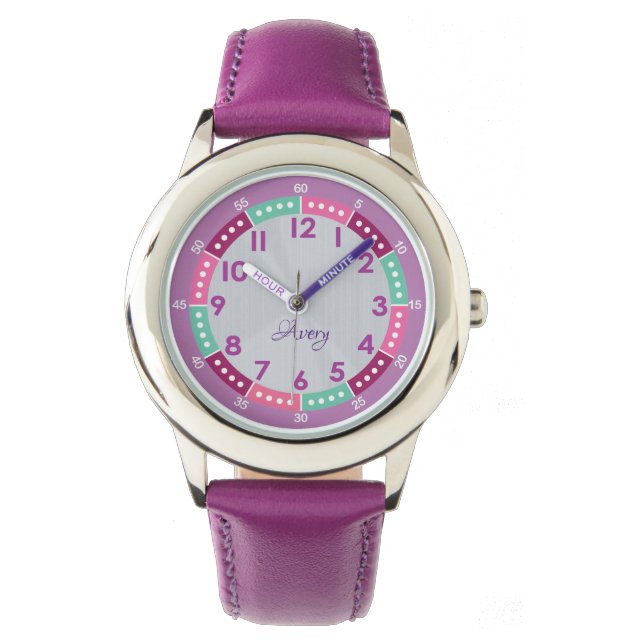 Fun Purple Personalize Kids Learn To Tell Time Watch (Front)