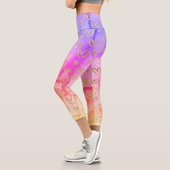 Fun Purple Pink Yellow Gold Hearts Pattern Capri Leggings (Left)