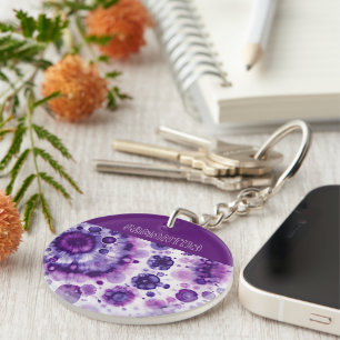 Fun Purple Violet Pink Batik Circles Art Pattern Keychain