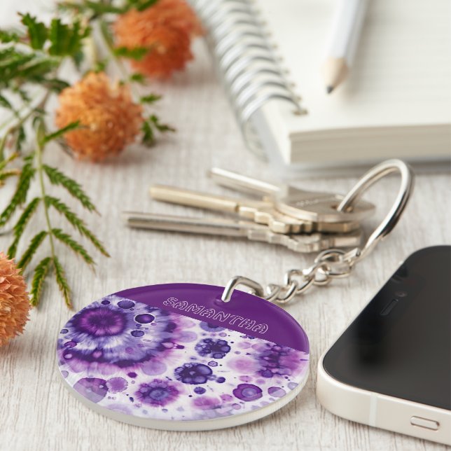 Fun Purple Violet Pink Batik Circles Art Pattern Keychain (Front Right)