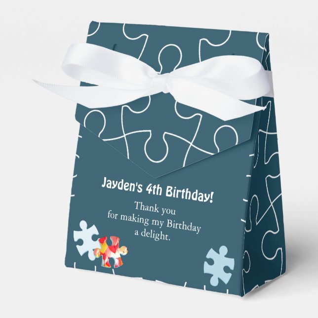 Fun Puzzle Theme 4th Birthday Party Blue Thank You Favor Box (Front Side)