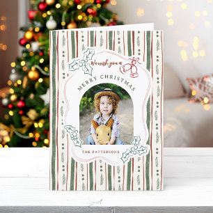 Fun Quirky Christmas Doodle Floral Stripes Photo Holiday Card