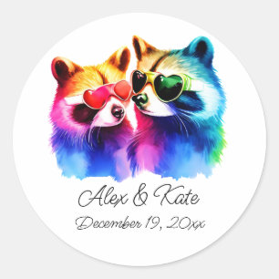 Fun Raccoon Couple   Romantic Wedding  Classic Round Sticker
